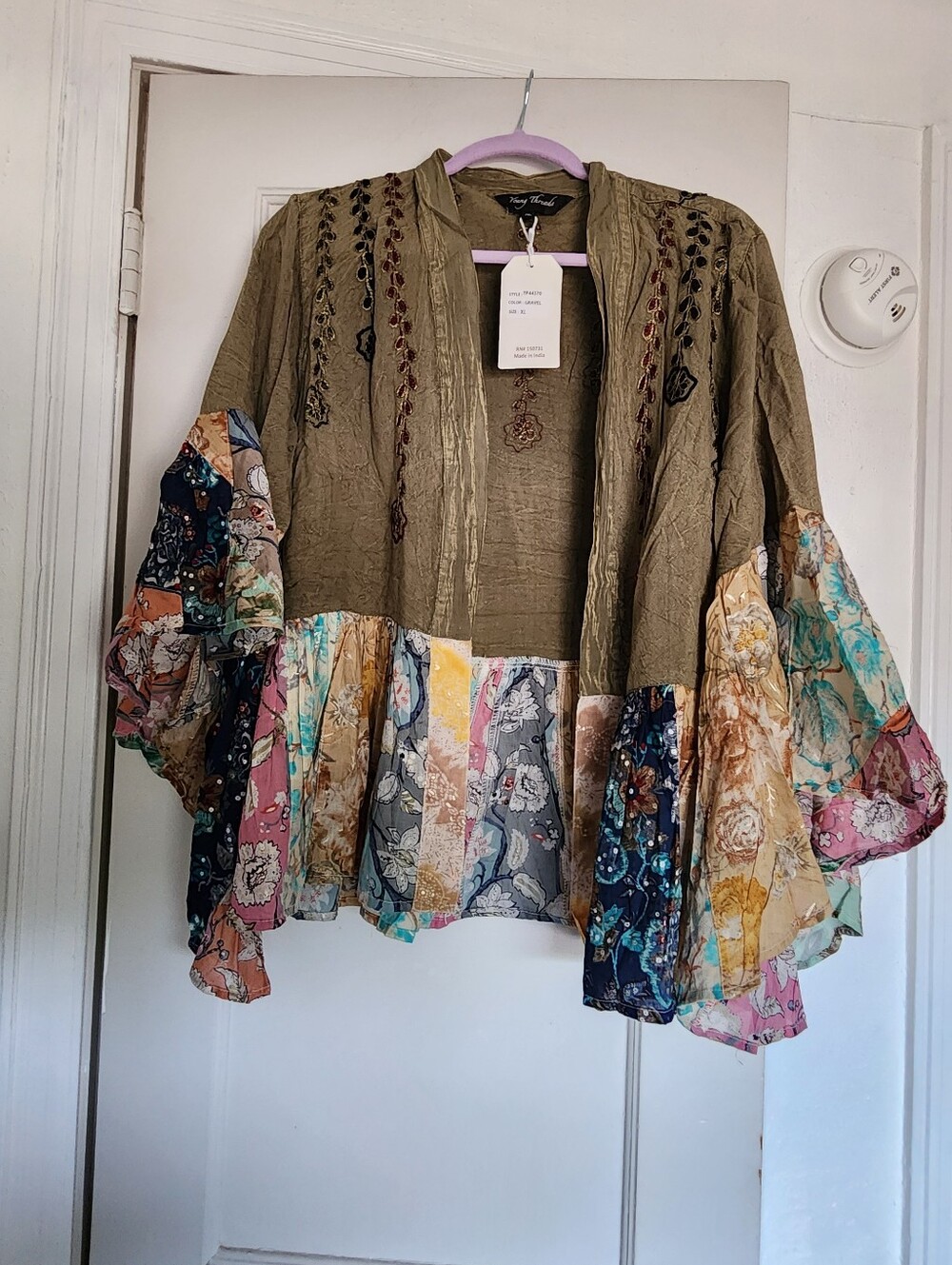 Young Threads Olive Green Embroidered Patchwork Kimono Shrug